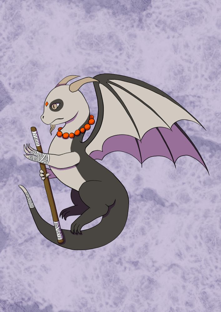 A dragon with a white head and belly and black tail and back is wearing an orange beaded neacklace and holds a long stick. Both his hands and the tip of his tail are bandaged and he has a chin beard. The background features a cloudy purple texture, adding depth and atmosphere to the scene. 