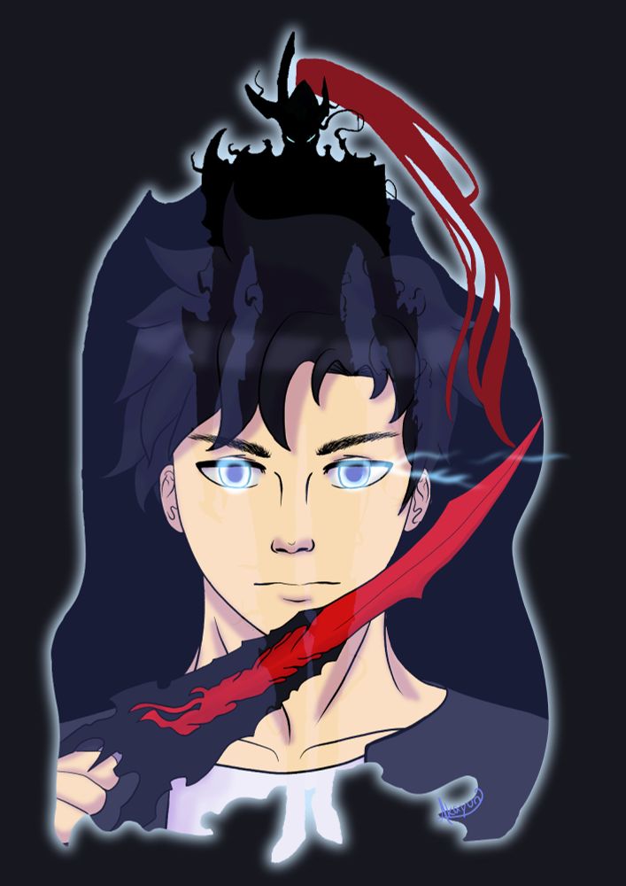 A digital illustration of a young man with piercing blue eyes and dark, tousled hair features him holding a black and red-bladed sword. His expression is calm yet determined. A shadowy, menacing figure with glowing eyes and jagged armor looms behind him, blending seamlessly with him. Wisps of dark energy swirl around him, emphasizing a supernatural aura. The image is outlined with a glowing blue border, adding a mystical effect. The color palette includes deep blues, blacks, and reds, enhancing the dramatic contrast between light and dark elements.