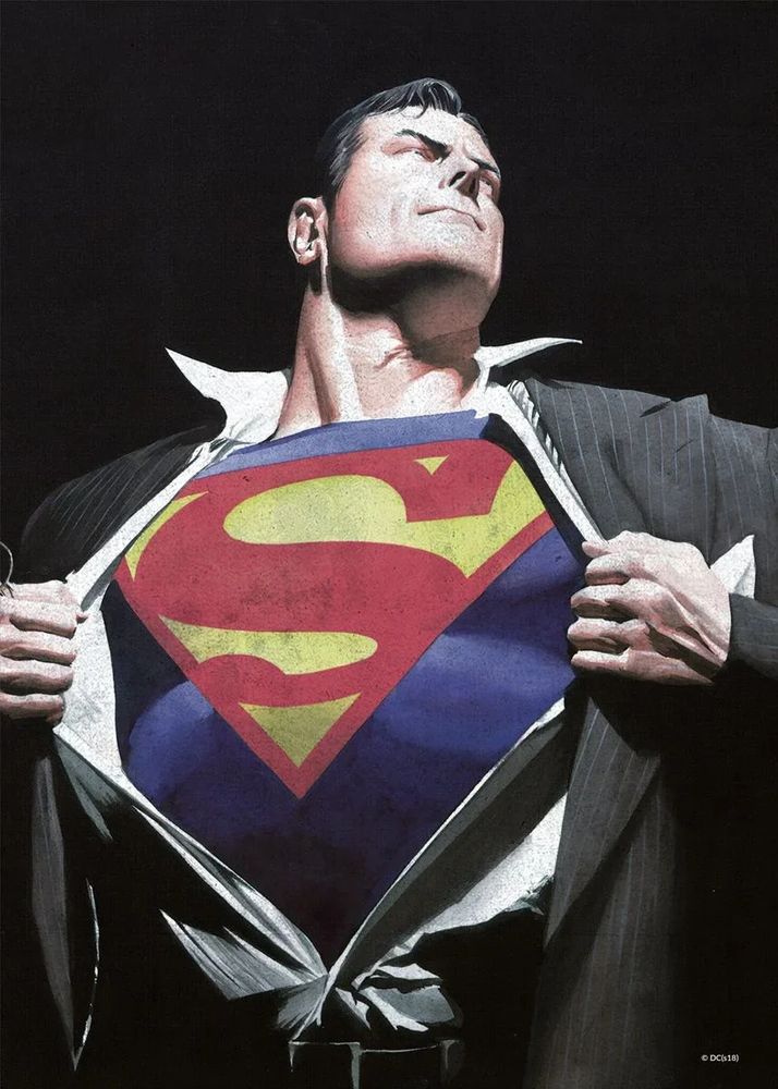 The iconic pose of mild-mannered reporter Clark Kent ripping his shirt apart to reveal the blue, red, and yellow symbol of hope underneath.