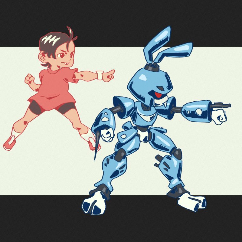 ilustração da mônica e sansão no estilo de medabots, o sansão é um robôzinho 