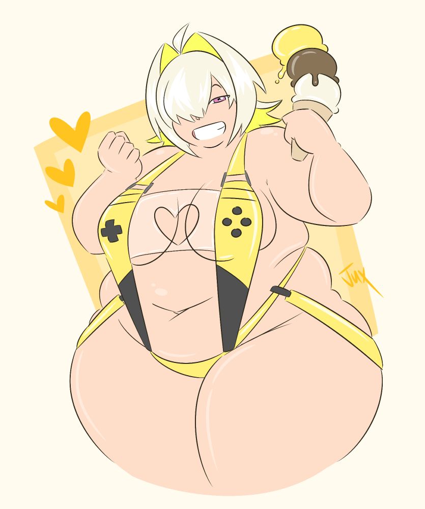 Digital art of a fat Elegg from Nikke wearing her Boom and Shock bikini.