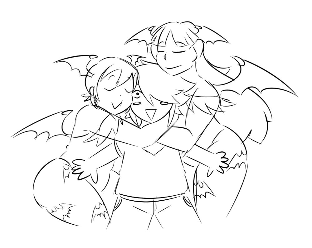 Digital doodle of Morrigan and Lilith Aensland embracing Jux