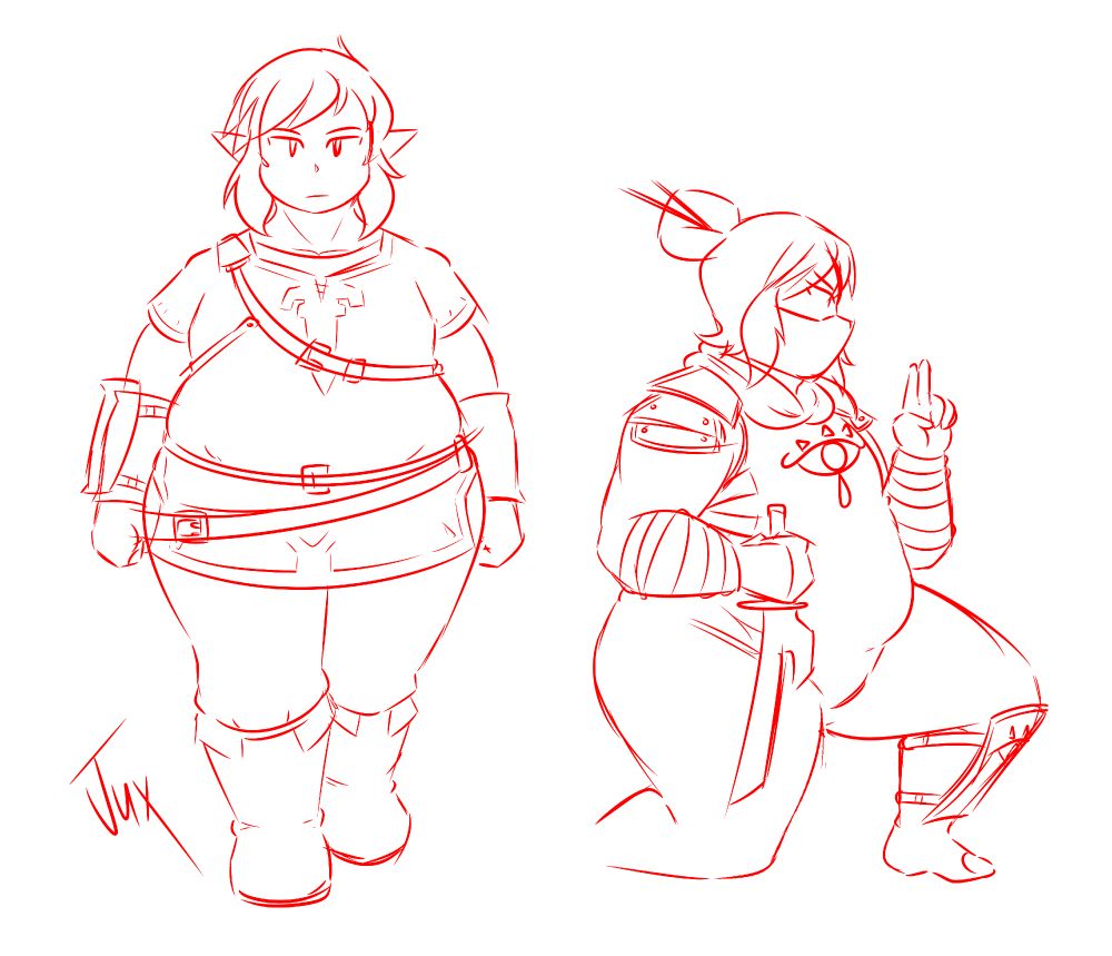 Digital sketches of Link from Breath of the Wild but fat. he is depicted wearing his outfit on the boxart and the ninja stealth set