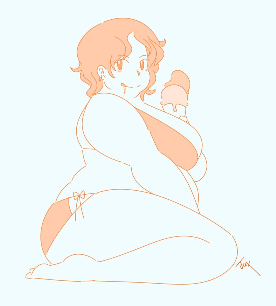 A digital doodle of a plus sized Nami from One Piece, sitting on her legs while looking at the pov, wearing a bikini, with an ice cream cone in her hand. This is a redraw of a piece used as a chapter in-between artwork used in the manga depicted the straw hat pirates eating ice cream together.