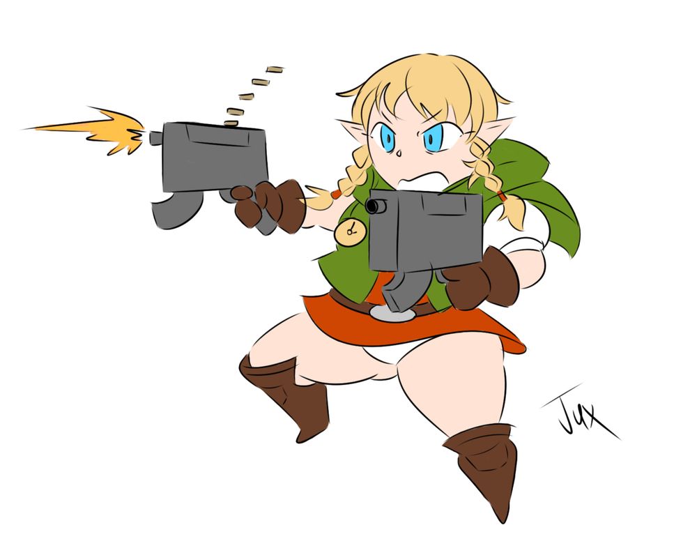 Digital doodle of a chibi Linkle from Hyrule Warriors, equipped with minimalistic machine guns as opposed to crossbows