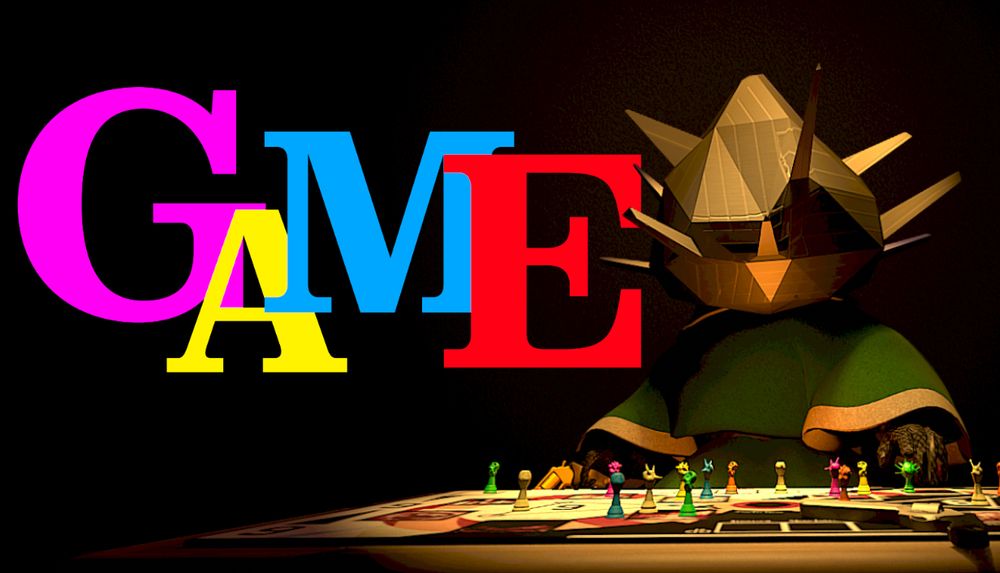 A pointy headed figure plays a game in a black background 