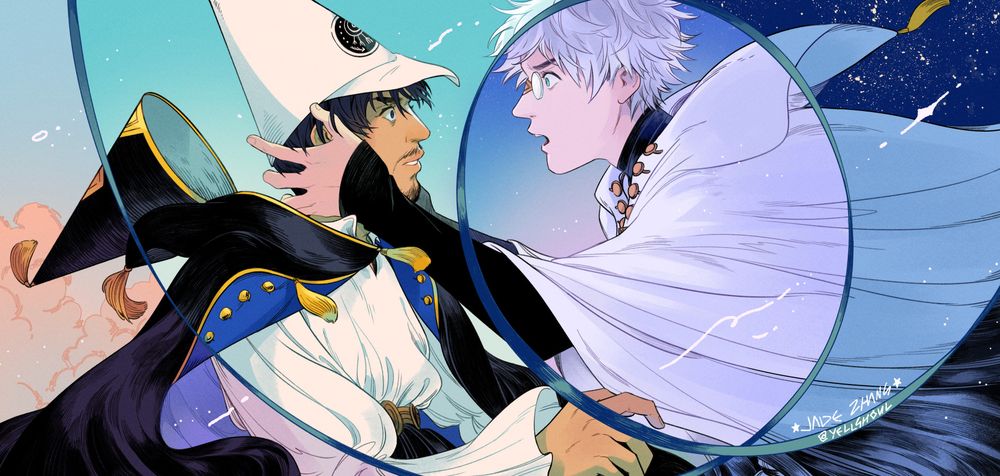 fanart of olruggio and qifrey from witch hat atelier based on a scene from chapter 40. qifrey holds olruggio's head between his hands, he pushes olruggio's cap off his head, replacing it with his own. both characters have panicked expressions, their hair and clothes billow in the wind. the long ribbon on qifrey's cap loops across the composition and divides up one moment into five - marked by different times of day from early morning to night.