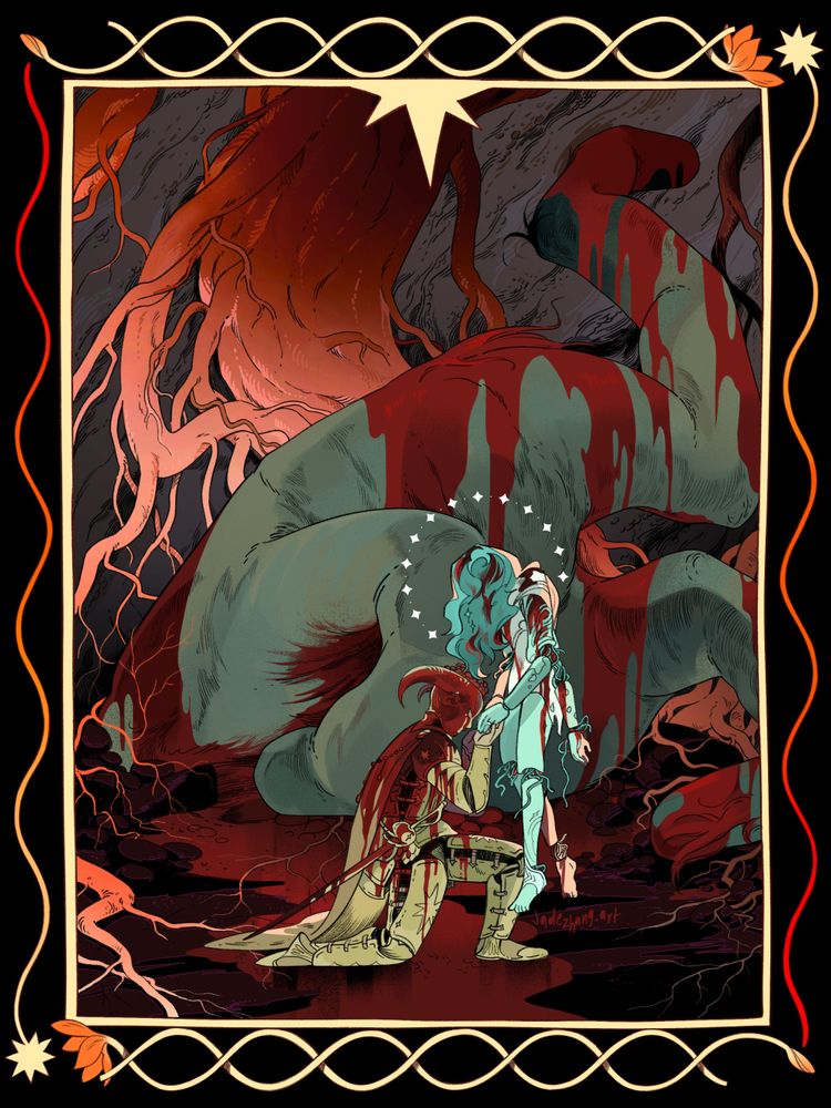 fanart illustration of ranni the witch and an elden ring pc. the characters are covered in blood, the pc is kneeling in front of ranni who floats off the ground. they stand in front of the bloody two fingers, in a pool of blood surrounded by red twisting roots