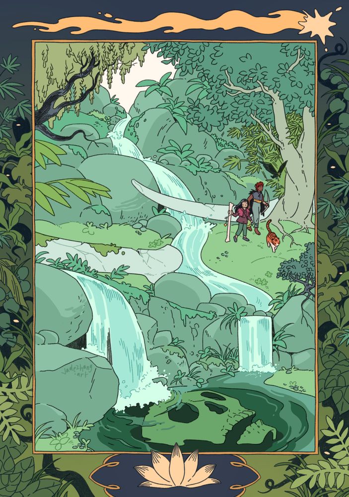 illustration of two kids and a tiger walking through a dense forest. the forest is littered with the bones of dead giants. illustration has a border featuring various greenery, wispy monsters, a shooting star, and a water lily