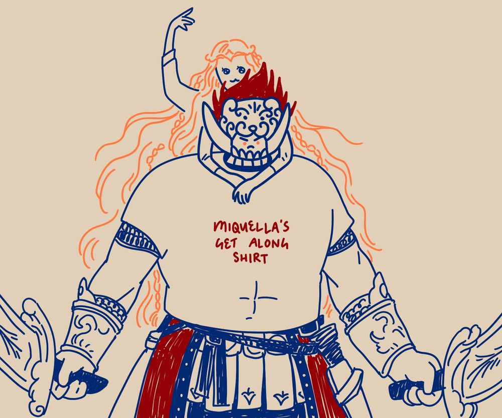goofy ink doodle in red, blue, and yellow of promised consort radahn wearing a tshirt reading "miquellas get along shirt"