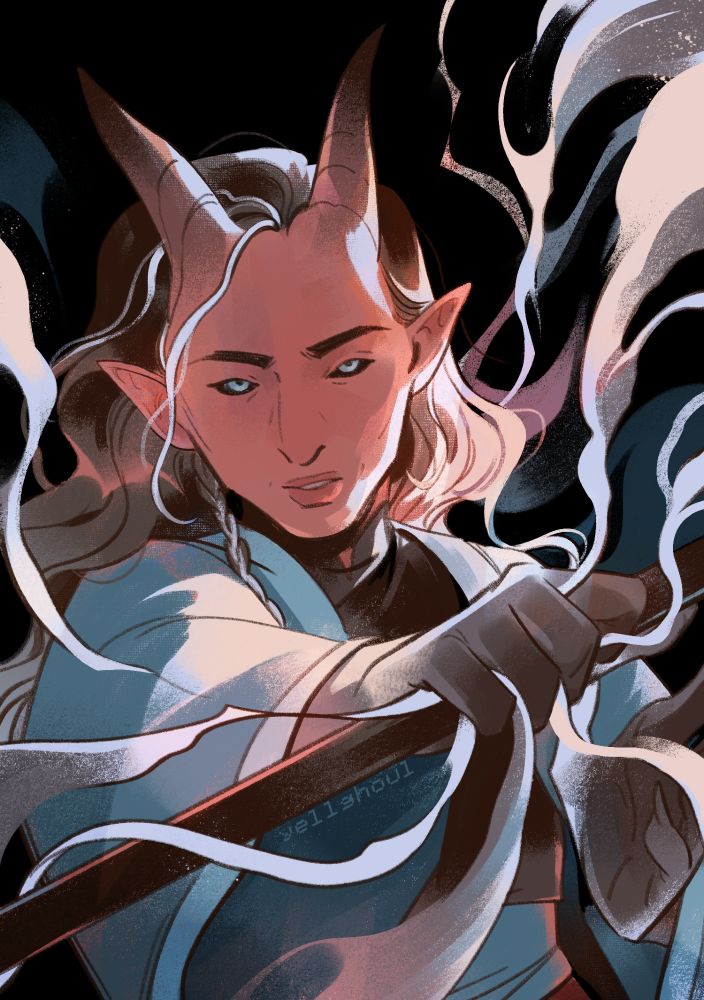 an illustration of a character with tan skin, horns, and long hair holding a staff surrounded by smoke