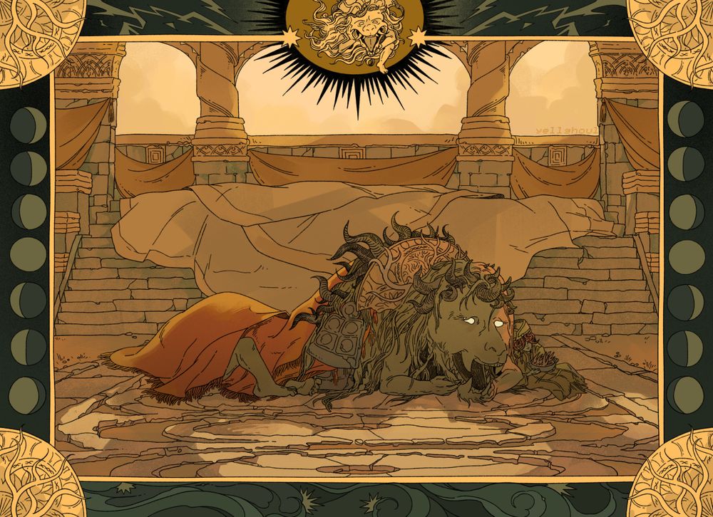 elden ring fanart of the dancing lion with the grandam. they are resting in the dancing lion arena together, the illustration is in a decorative frame depicting the phases of the moon, and stylized elements
