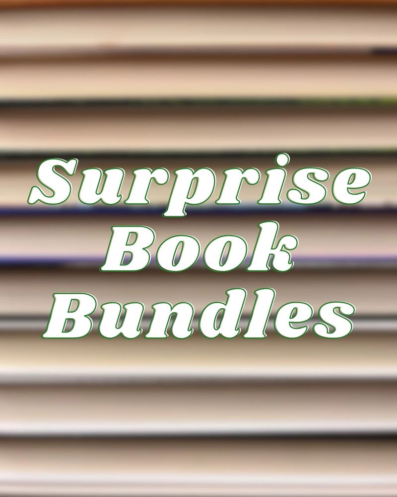Surprise Book Bundles text over an out of focus photo of a stack of books, pages facing out. 