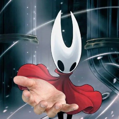 Hornet from Hollow Knight Silksong with a realistic PNG hand reaching out towards the viewer