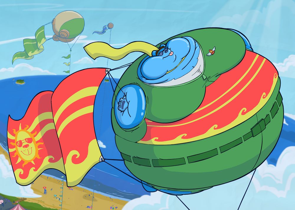 A digital drawing of an inflated blue furry dog!  They are smiling, tongue sticking out, and floating high above a beach.  They are tethered to the ground with various ropes, and behind them they are connected to a red and yellow flag with a smiling lion sun on it.  Behind him are more balloons tied in similar ways at the beach.
