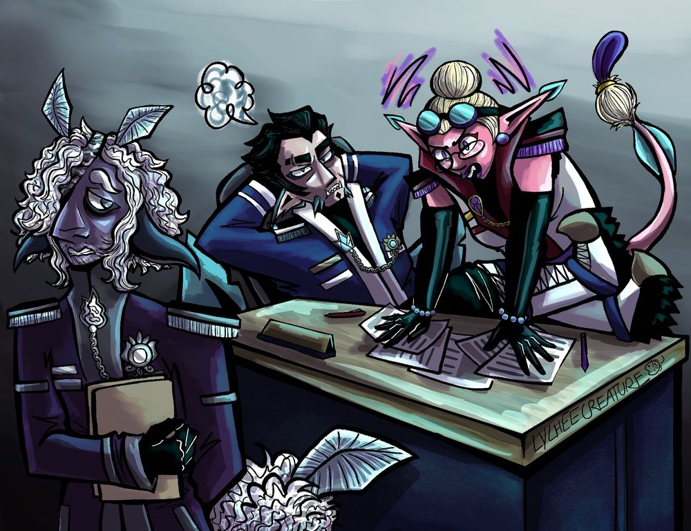 On the far left, Dorian stands nearer to the camera, holding some folders over his chest and looking back nervously towards Eranth and Yasha. Eranth leans back in his chair with his feet crossed on the desk and his hands behind his head. He sighs, exasperated. Yasha leans over him, slammer her hands down on the desk over some scattered papers. She seems way more pressed.