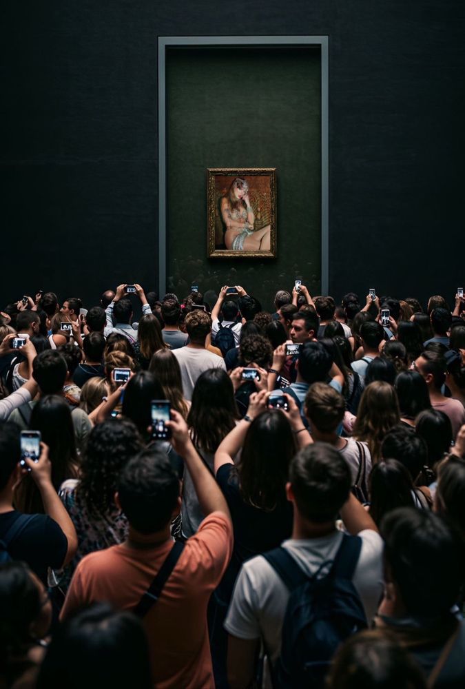 photo of a crowd of people holding their phones up to take a picture of the Mona Lisa only the Mona Lisa has been replaced with a picture of Taylor Swift in show girl attire with silver jewellery showing a lot of skin, biting her finger and looking at the camera against a gold backdrop