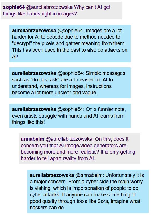 Sophie asked why AI can't get hands right in images. Aurelia says it is because it is hard for AI to decode because the method needed to decrypt the pixels. AI is better at understanding simple tasks with clear instructions. Annabel wants to know if it concerns Aurelia that image generators are getting more realistic and harder to tell apart reality from AI. Aurelia says it is a big concern. The main worry is impersonation of people to do cyber attacks. 