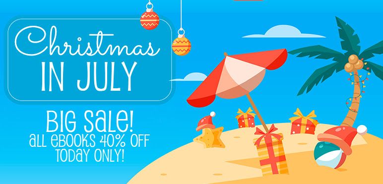 Cartoon of a stranded island beach with a palm tree, umbrella, and Xmas gifts, announcing a sale at JMS Books for Christmas in July. All ebooks are 40% off today only.