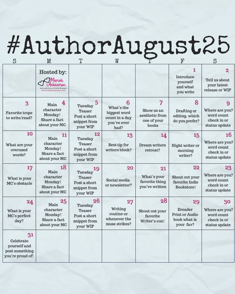 Month of August calendar, for Author August 2025, with each day having a different topic for social media posting.