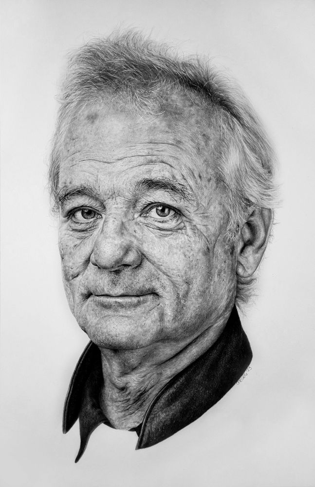 A pencil portrait by Christelle Bilodeau of American actor and comedian William James Murray (Saturday Night Live, Meatballs, Caddyshack, Stripes, Ghostbusters, Little Shop of Horrors, Scrooged, What About Bob?, Groundhog Day, Rushmore, Lost in Translation, The Grand Budapest Hotel).