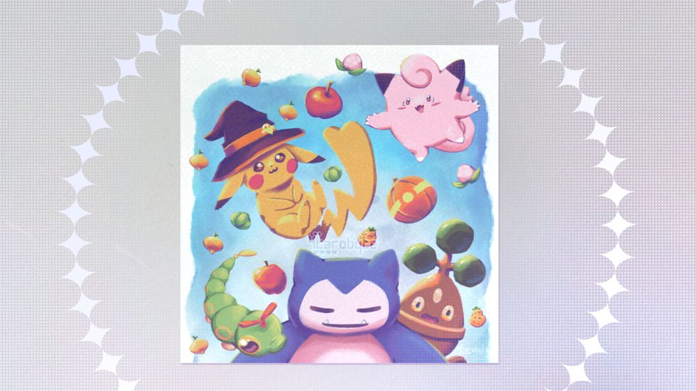 a cutely drawn illustration of various Pokemon and berries falling from the sky onto a Snorlax. a small Pokeball-themed jack-o-lantern and apples that the Pikachu gathered are also falling.