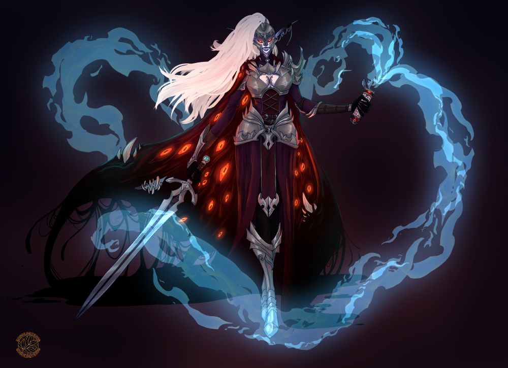 A character holding a phalactery and longsword, wearing a mimic cloak and looking menacing