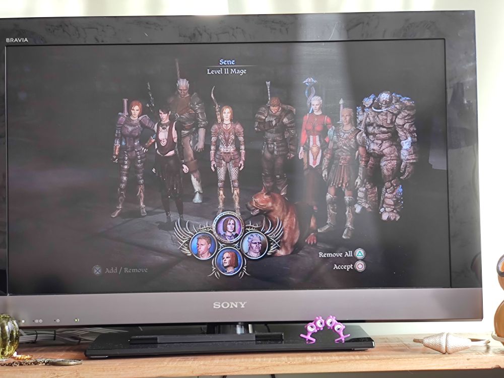 A photo of my TV with the companion selection screen from Dragon Age Origins. It depicts various companions INCLUDING THE DOG and my Grey Warden.