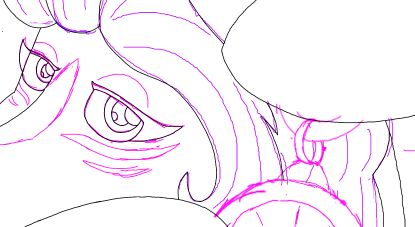 A snippet of a bigger drawing. The colors lines are the sketch while the black lines are the lineart. The character is a pony oc and seems to be holding a pocket watch. The eyes are looking at the viewer.