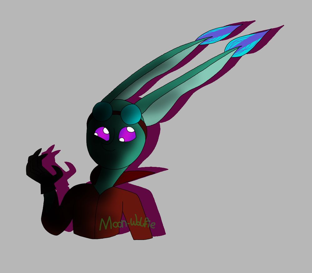 A teal colored goblin had an invention blow up in his face. The area of impact has the cartoony back dust while the ears and collar of the clothing are pointed towards the right away from the impact area. There is a dark purple drop shadow.