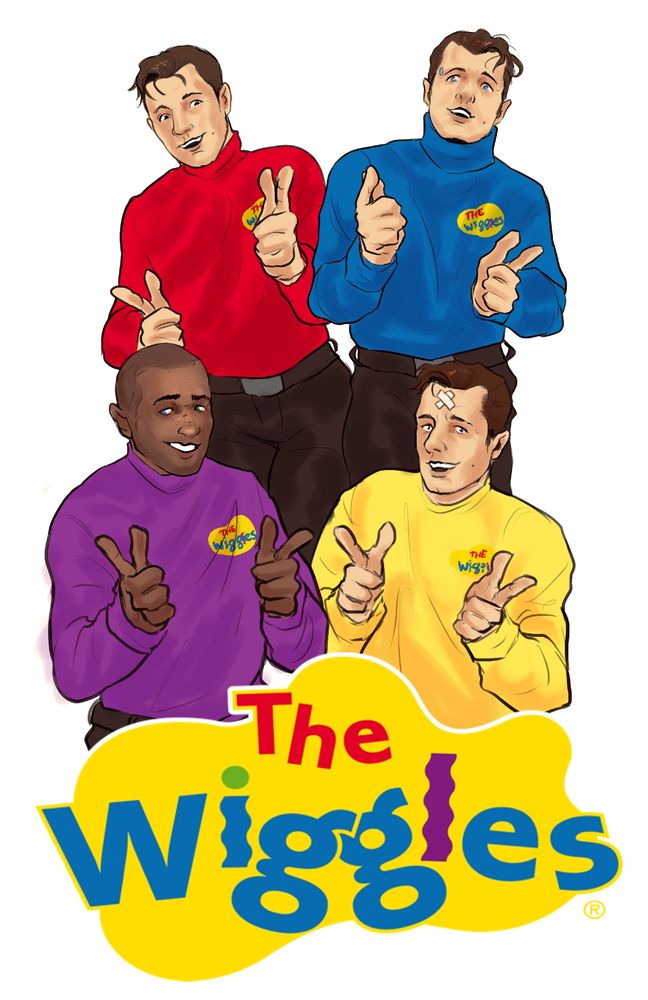 artwork of the RK line from detroit become human as the wiggles, pointing at the viewer and smiling with the wiggles logo beneath them. markus on the bottom left, sixty on the bottom right, nines on the top right and Connor on the top left