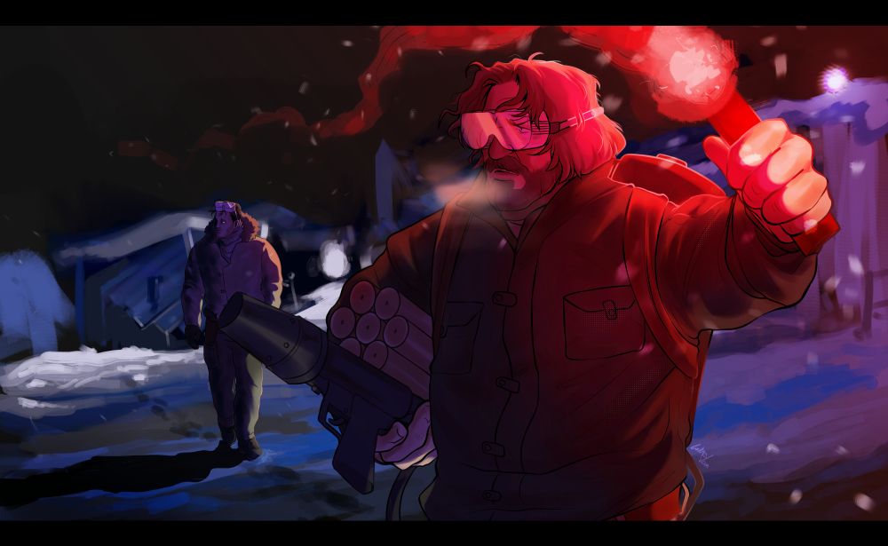 artwork oh hank and Connor as characters from 'the thing'. They are walking through a dark snowy environment, Hank in the foreground and Connor in the back. Hank is holding a red flare that illuminates a lot of his body, as well as a flamethrower and pack of dynamite. Connor walks ominously behind him, more so in the shadows