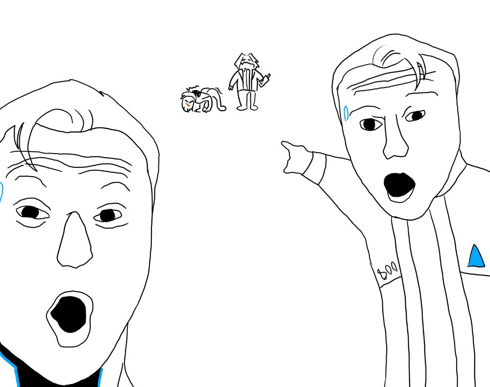 Connor and Nines from detroit become human drawn in the style of the two guys pointing back at something looking excited meme. in the far background is hank standing with a whiskey bottle and Gavin bent over like a gremlin