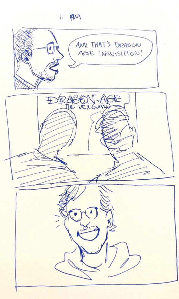 3-panel comic labeled "11 PM". First panel: Cartoon Marlon cheerfully says, "And that's Dragon Age Inquisition!" Second panel: Cartoons Marlon and Hauke are silhouetted against the Dragon Age: The Veilguard title screen. Third panel: Cartoon Hauke is filled with glee.