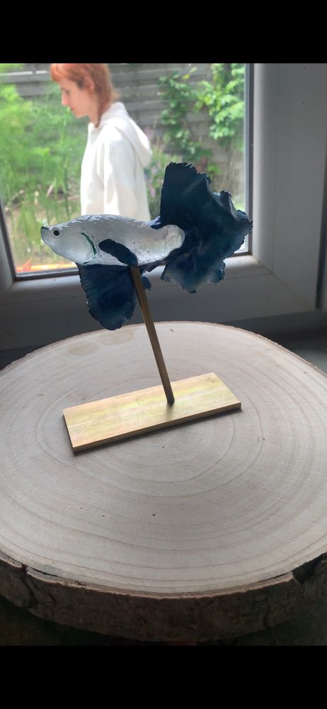 Photo d’une sculpture de poisson combattant en verre et argile epoxy peinture bleu, sur un socle dorée en laiton 
On voit Salomée passer derrière 
