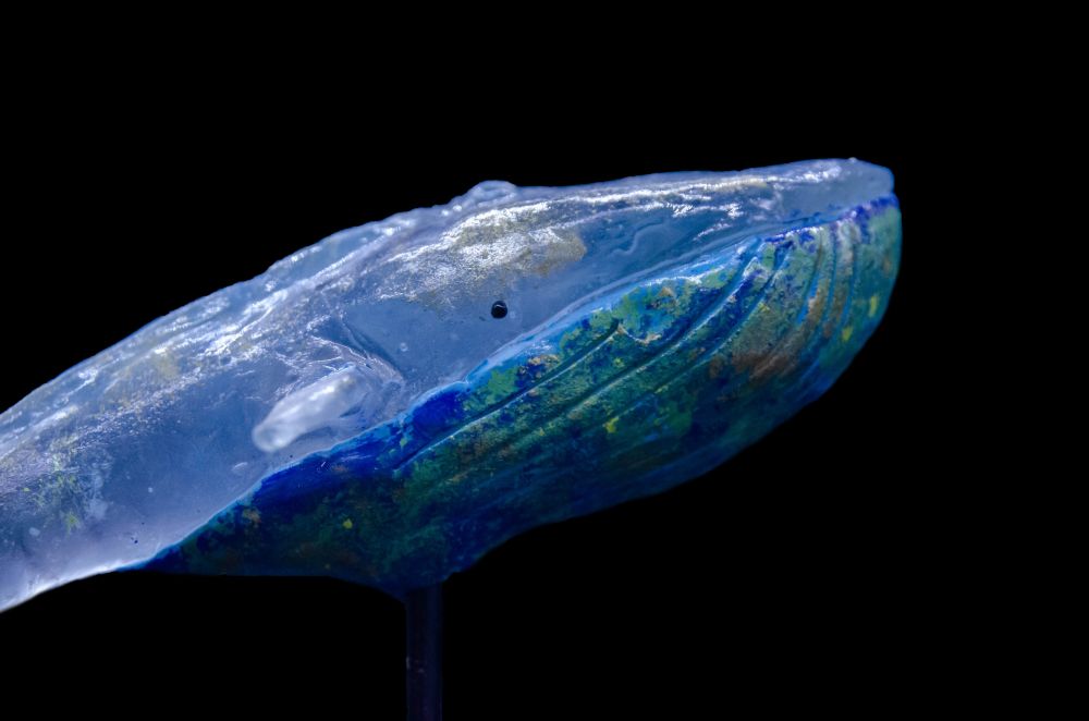 Photo zoom d'une baleine en verre et argile epoxy, peinture bleu et vert.
Sur un tige en fer, sur fond noir, de profil 