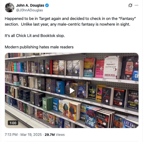 Sexist tweet about how Target's fantasy book section is all "Chick Lit and Booktok slop."