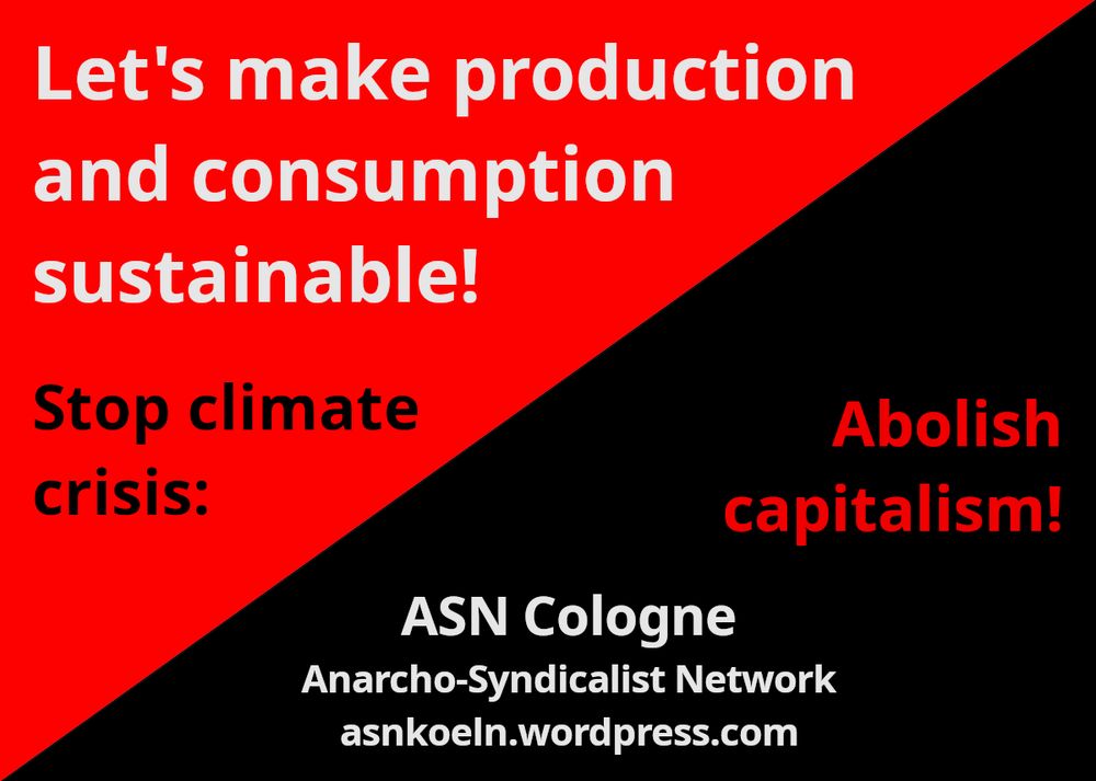 red and black flag with text: "Let's make production and consumption sustainable! Stop climate crisis: Abolish capitalism!" (ASN Cologne)