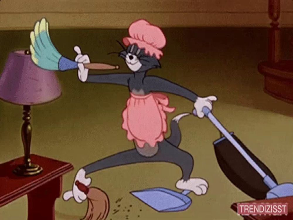 a cartoon of a cat wearing a pink apron and holding a broom and a vacuum cleaner