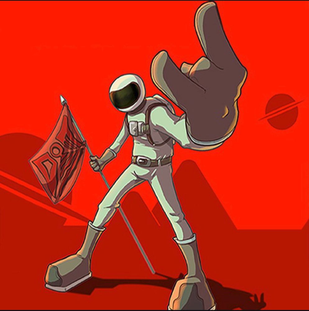 Poster Art from Deserts of Mars. A stylized Space Suited figure (Martian) on a red mountainous background holds a D O M flag. He is saluting with the “Metal horns” for all the Mars Metal fans.