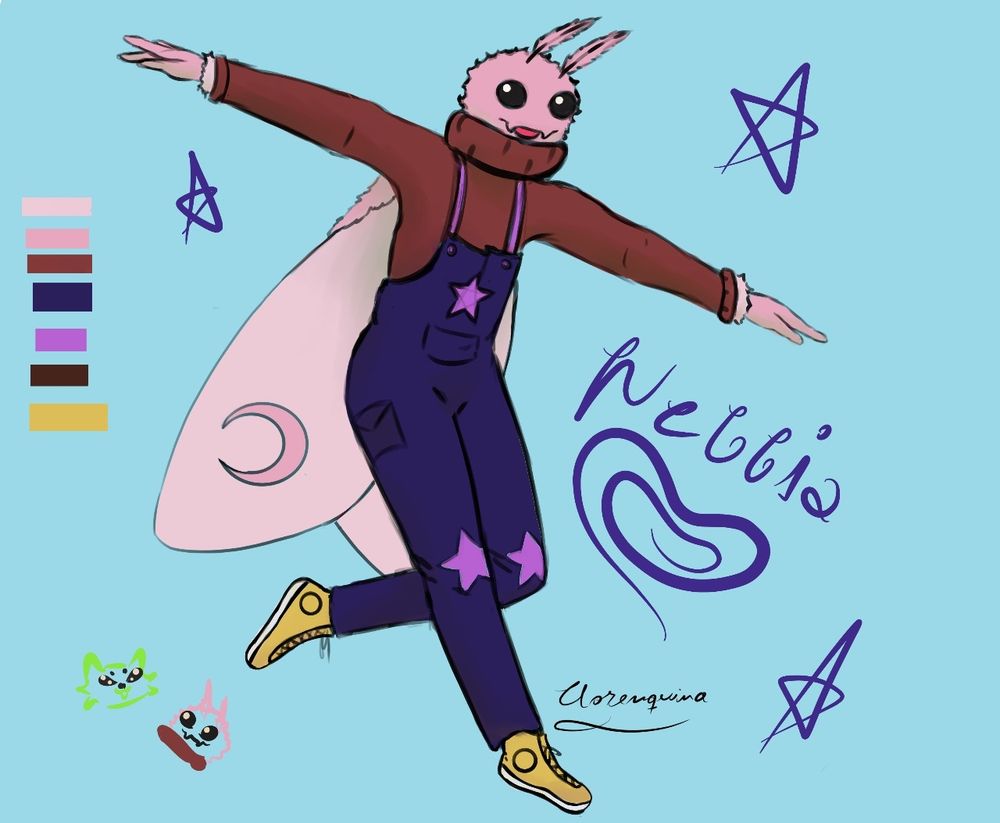 Una polilla con suéter bordo, un jardinero azul y estrellas 