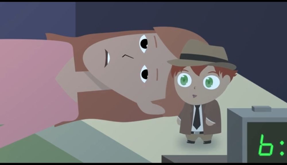 Cartoon image of girl with half open eyes (waking); a small man with large green eyes, brown hair, wearing a brown suit and tie and a tan fedora hat with a black rim. He's the Sleep Detective. Corner of a digital clock shows the number six.