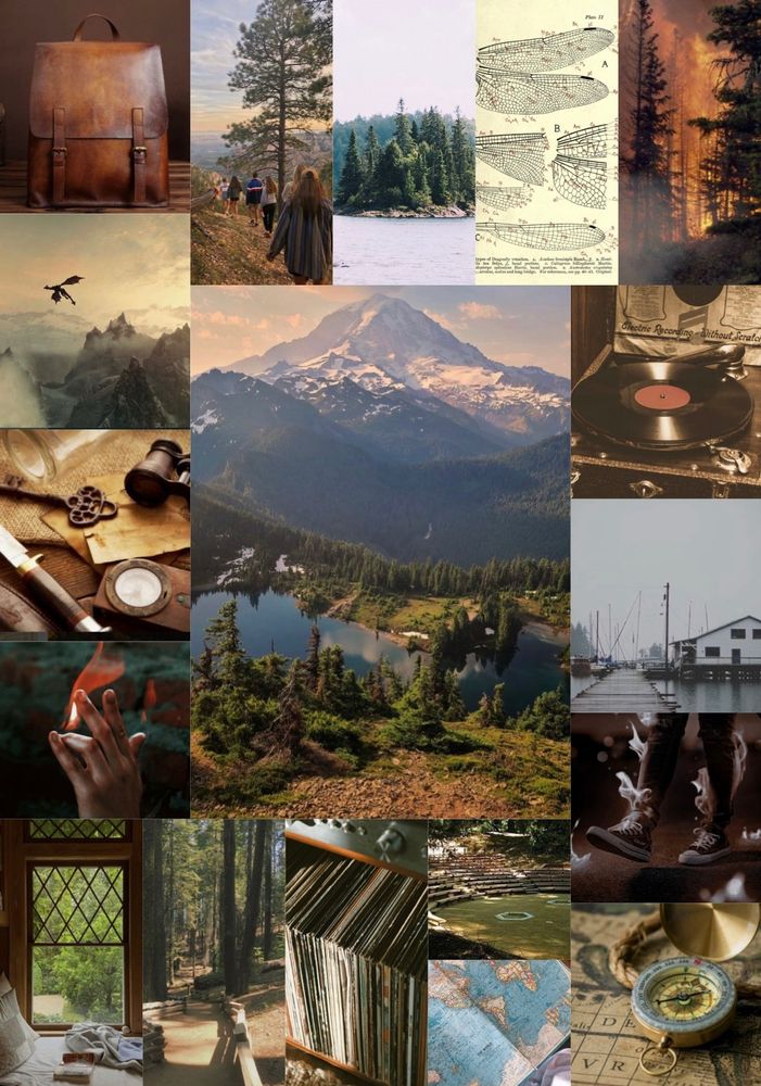 Moodboard with pictures: four PNW nature scenes, dragon flying over a mountain, two summer camp pictures, compass, records, a dagger and key on parchment, leather knapsack, map, two fire powers pictures one featuring a hand and one featuring high top shoes feet, a foggy marine 