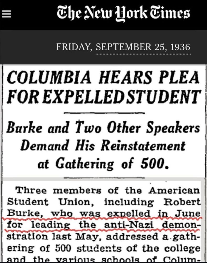 Columbia hears plea for expelled student is the title of the article from 1936, underlined text reads that the student was expelled for anti-Nazi demonstration 
