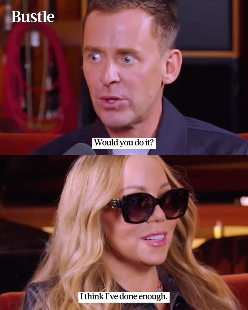 A screenshots of a man saying “would you do that?” And Mariah Carey wearing sunglasses answers “I think I’ve done enough.”