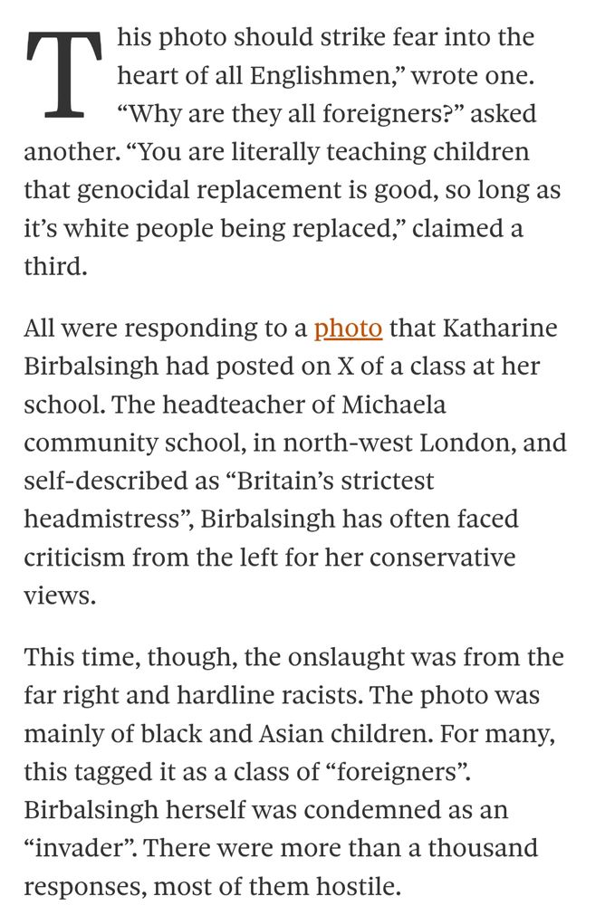 Screenshot of first three paragraphs of Observer article about over a thousand largely racist responses to a photograph tweeted by Katherine Birbalsingh showing a class of pupils in her school.