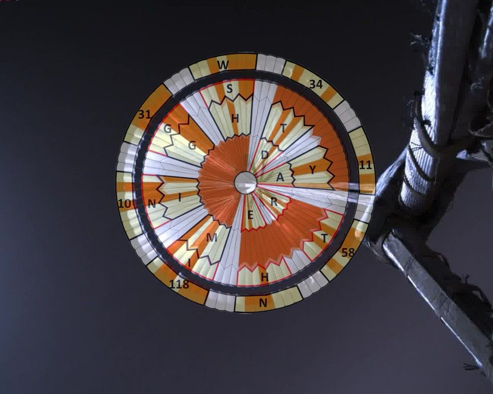The parachute of the Perseverance rover with the hidden message encoded: DARE MIGHTY THINGS