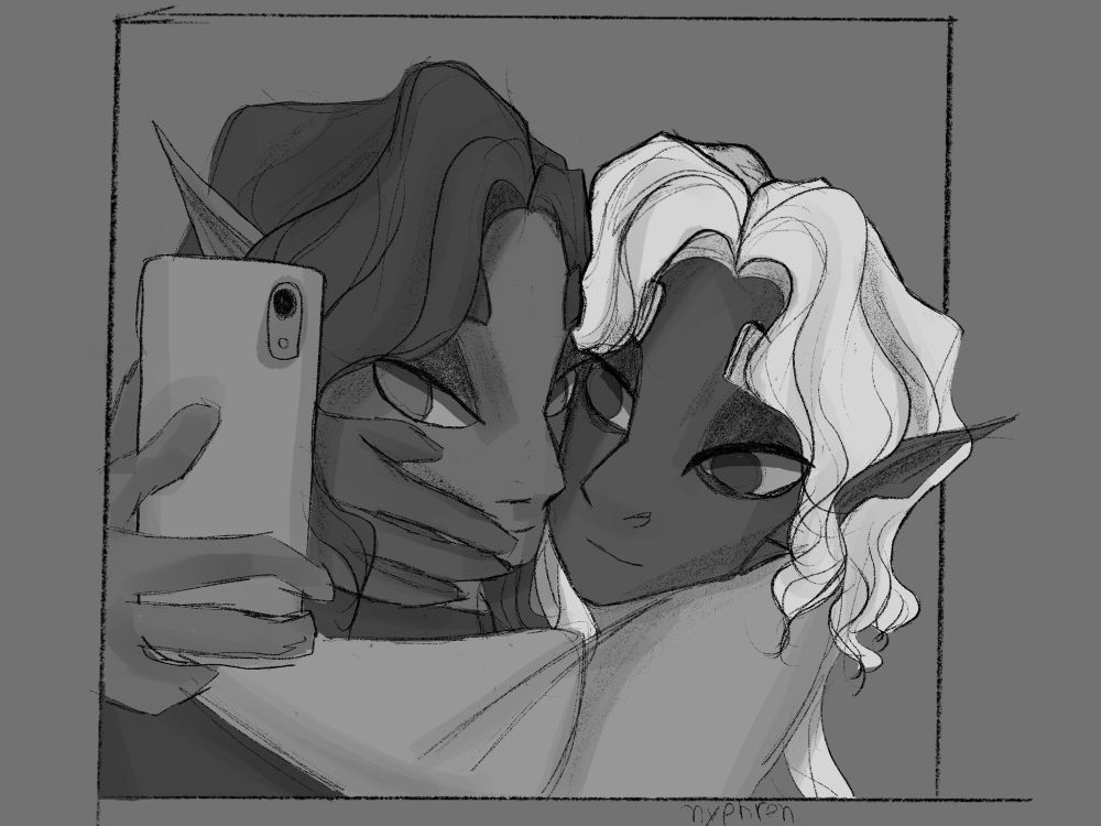 sorn (half drow) and lathai (high elf) take a selfie