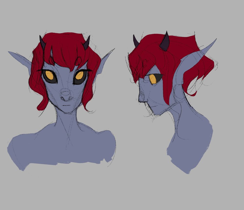 new guy (gender neutral) with purplish gray skin and red hair