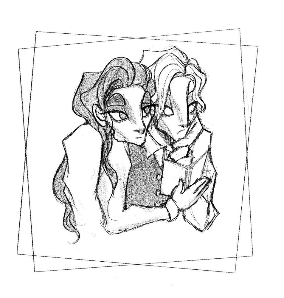sketch of lore resting his chin on sage's shoulder while sage reads